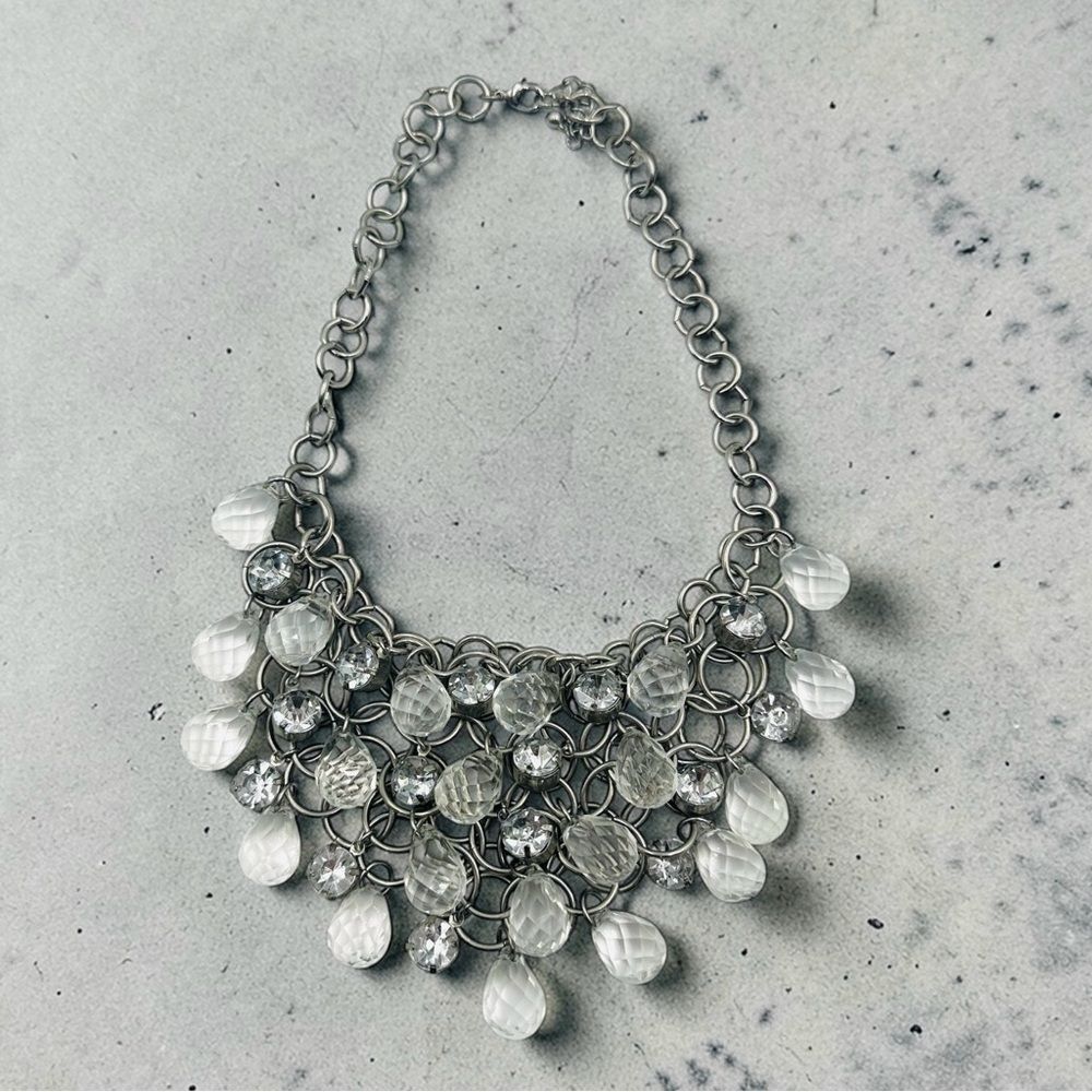 Silver Layered Statement Bib Necklace Clear Crystal Teardrop Rhinestone Glam